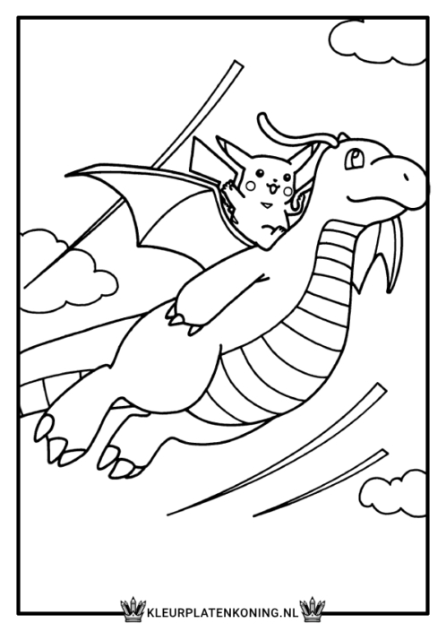 Kleurplaat Dragonite en Pikachu vliegen door de lucht