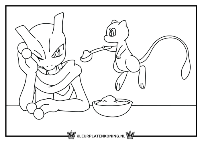 Kleurplaat Mew en Mewtwo eten
